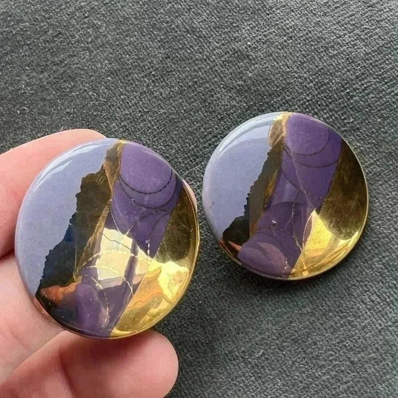 Vintage Purple & Gold Stud Earrings Circular 80s fun boho - Picture 1 of 7